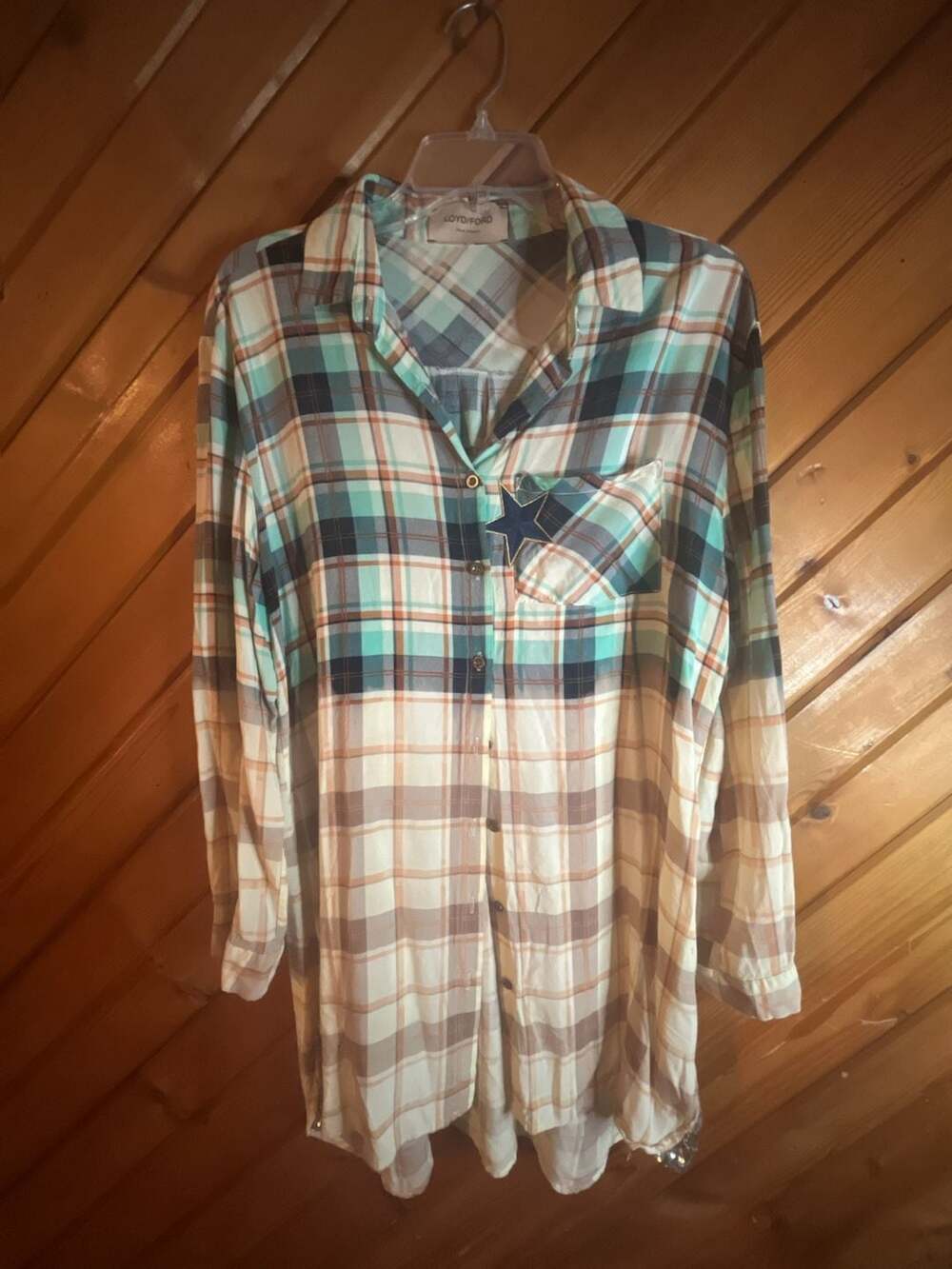 Loyd/Ford Palm Springs Plaid Button-Down Tunic Shirt w Star Patch and Sequin